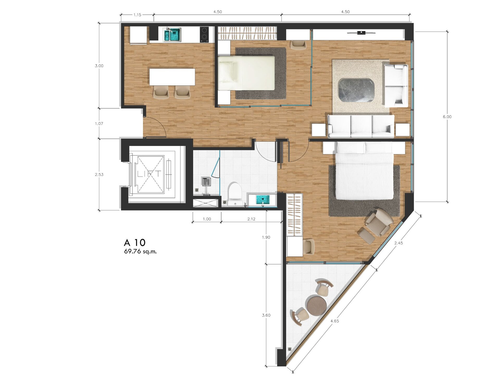 Proud Rawai — квартира 310, 2 спальни, 69.76 м² (ID 748)