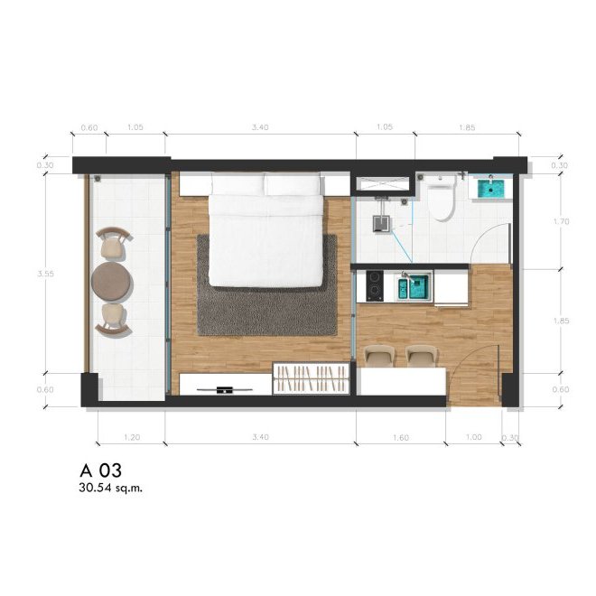 อพาร์ตเมนต์ 1 ห้องเดอะพราวด์ราไวย์-ยูนิต 307 (ID 220)